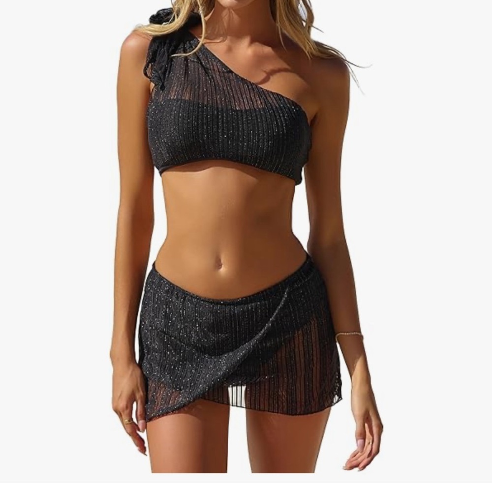 Black Sheer One-Shoulder Bikini Set